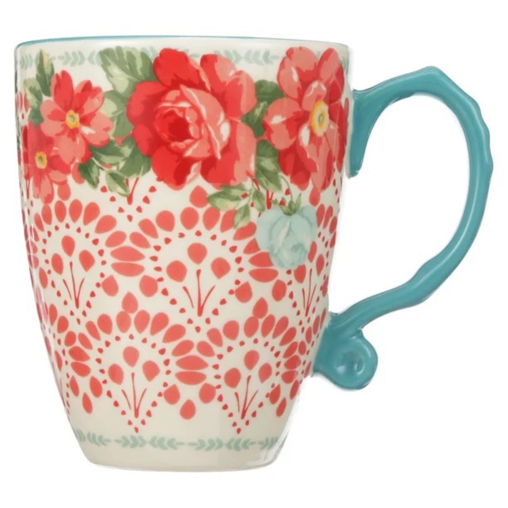 New Pioneer Woman Vintage Floral 1- 26 oz Stoneware Latte Mug, Teal Blue & Res - Picture 3 of 7